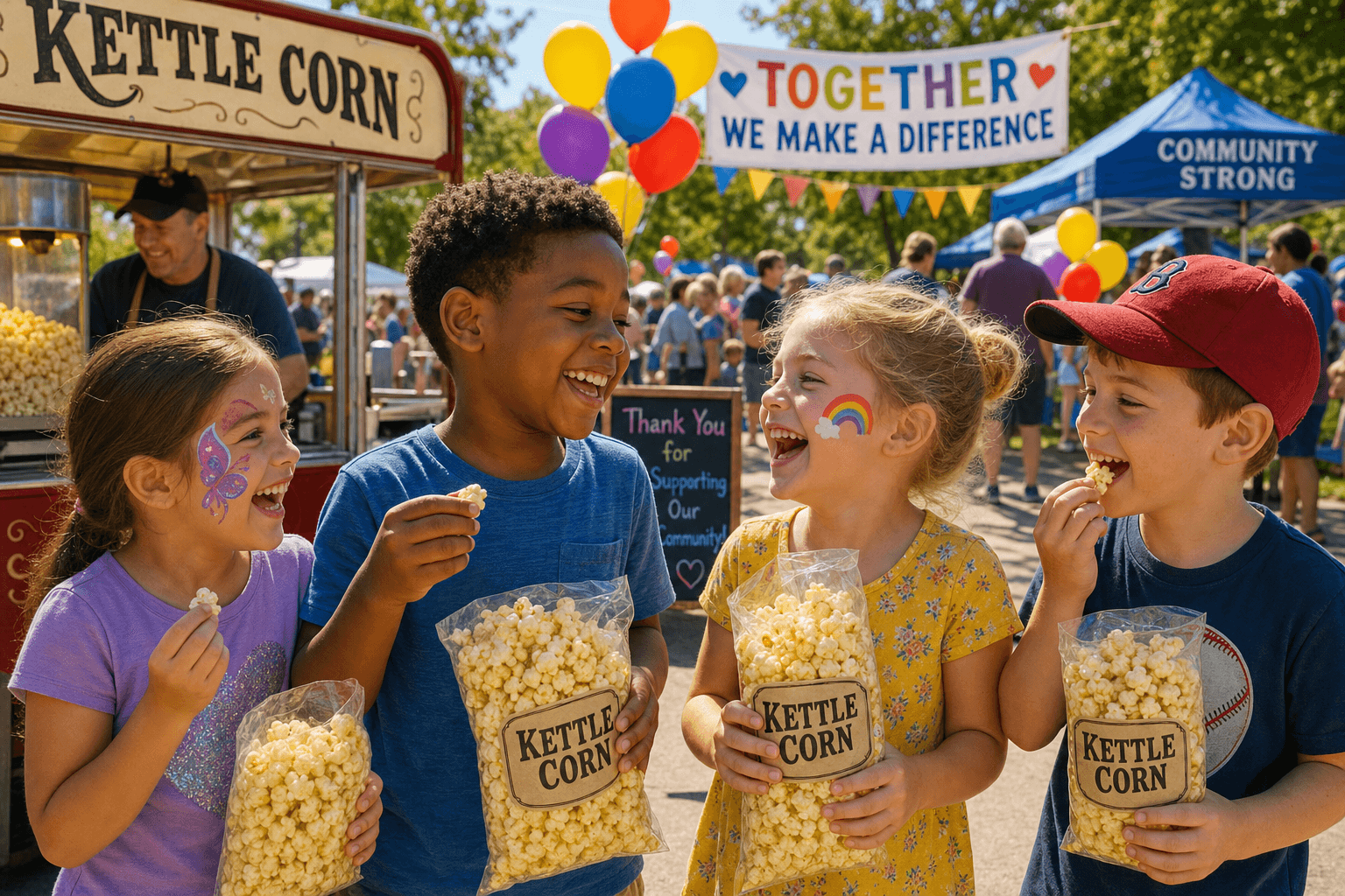 Kids enjoying kettle corn at a community event, with popcorn and balloons