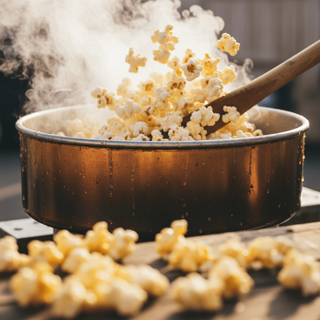 Fresh kettle corn popping in a large kettle