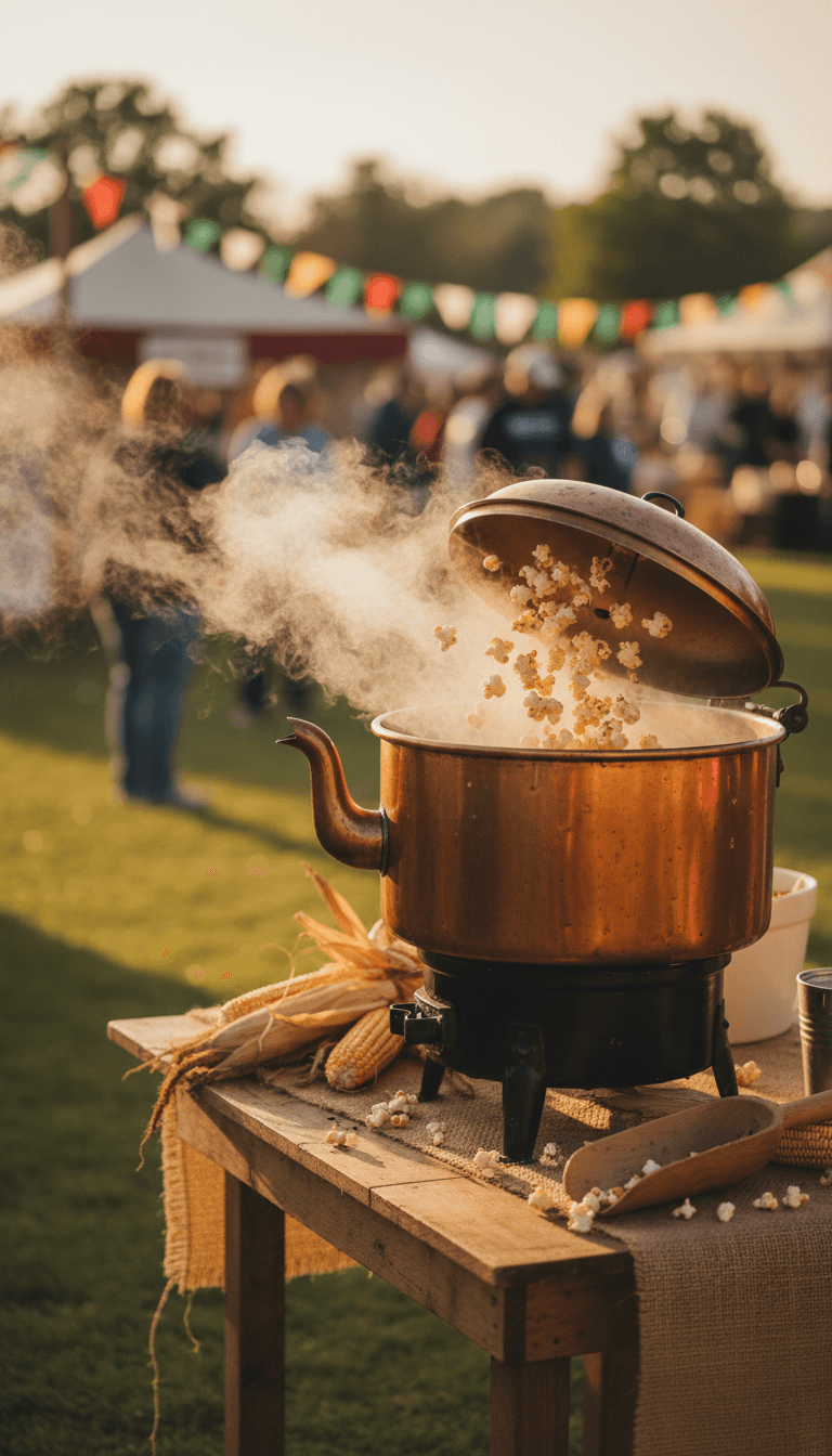 Warm artisanal rustic aesthetic with soft morning light. A medium shot of a large, old-fashioned copper kettle corn popper, steam rising gently, set up at a wooden table at a community park.