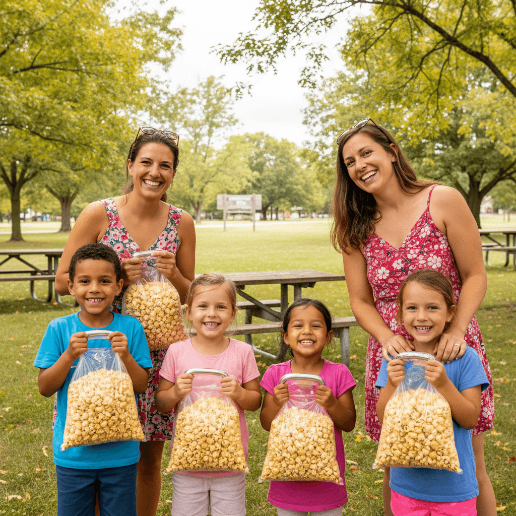 Community members smiling with bags of kettle corn at a picnic