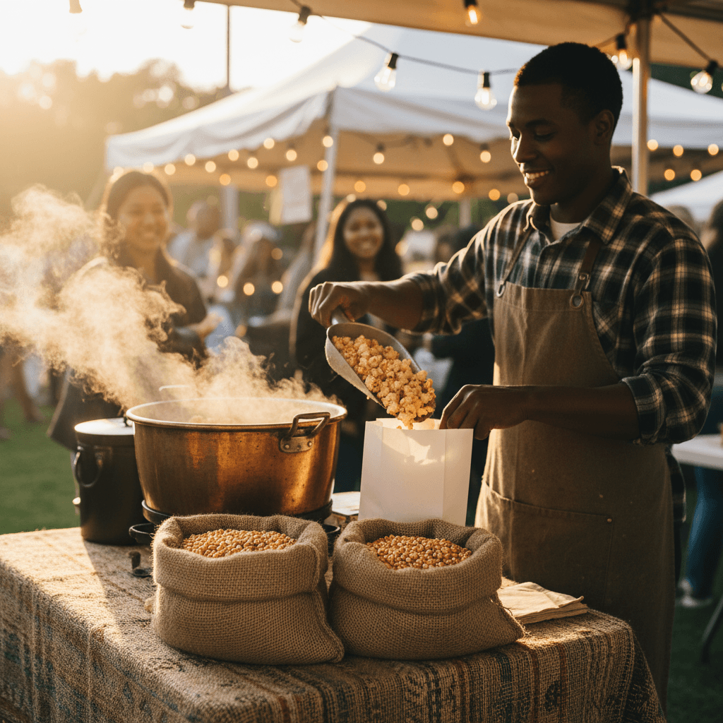 Freshly popped kettle corn being scooped into a bag at a community event