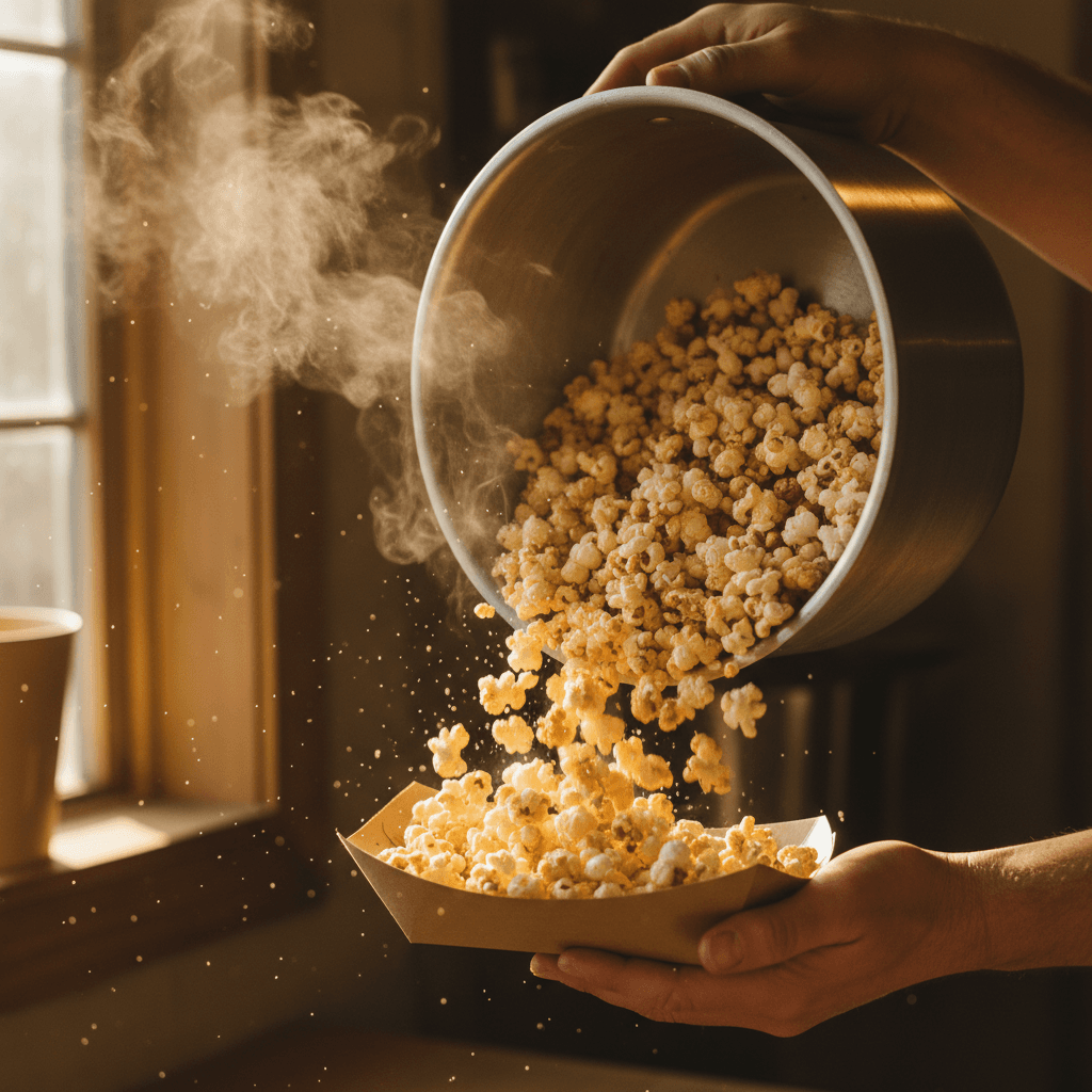 Hands pouring warm kettle corn from a metal pot into a serving boat