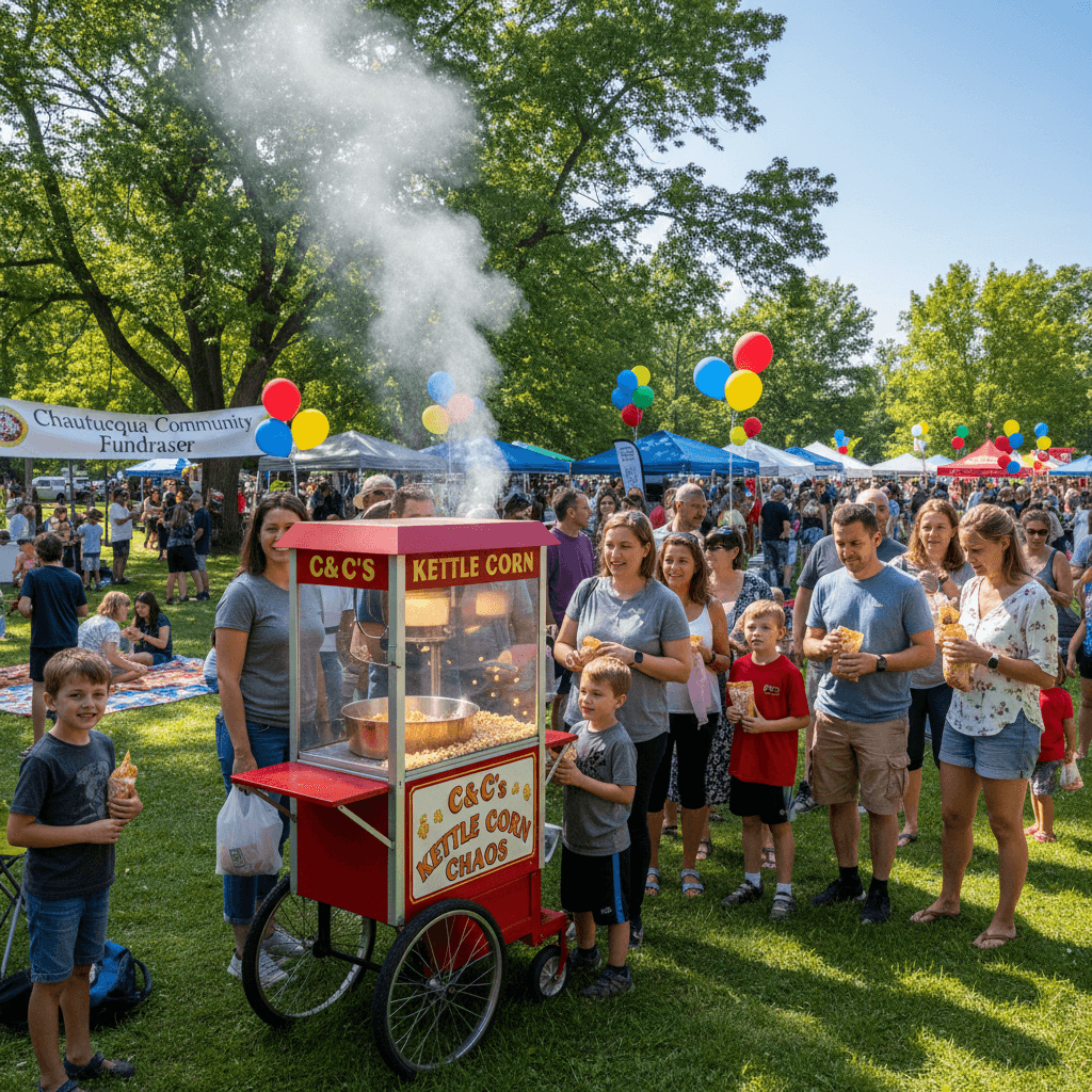 Lively outdoor fundraiser with a central popcorn cart and a diverse crowd in a park.