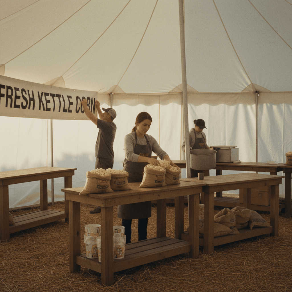 Volunteers setting up a kettle corn station under a festival tent