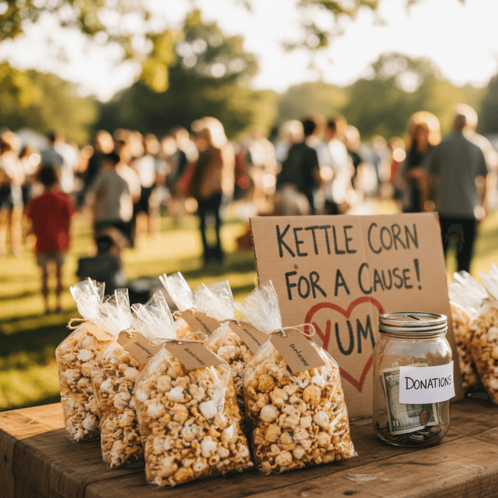 Kettle corn bags and donation jar on a fundraising table at a local park