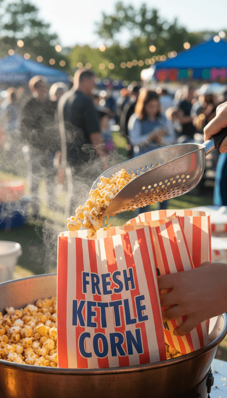 Fresh kettle corn being scooped into a paper bag at a community event