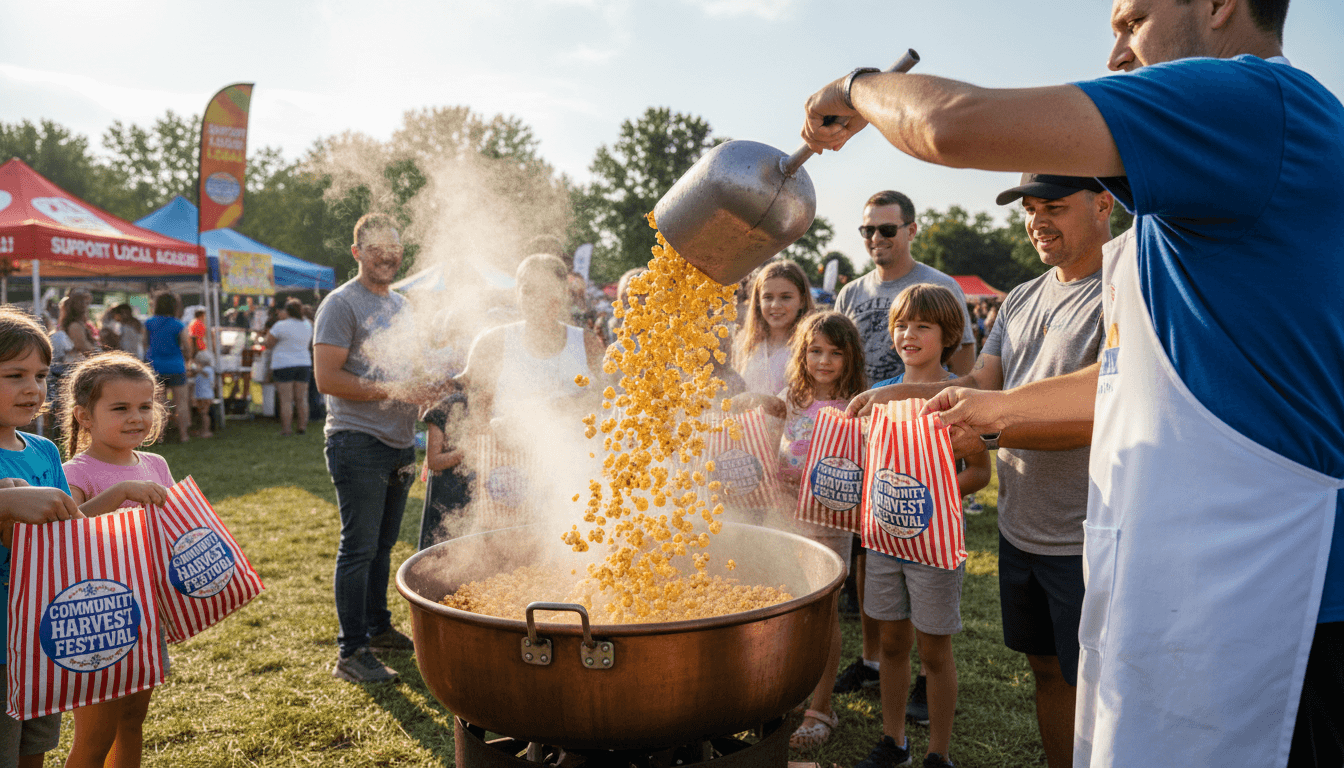 Fresh kettle corn being poured into paper bags at a community event
