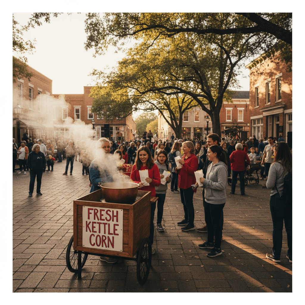 Bustling community event with a kettle corn cart in a small town square