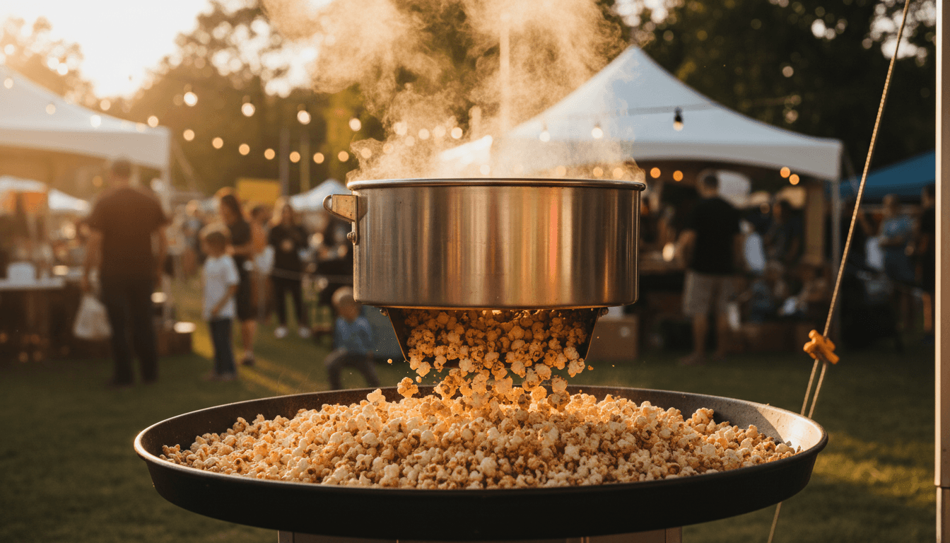 A warm, candid editorial-style wide shot of a stainless steel kettle corn popper mid-batch, with freshly popped kernels cascading into a large tray.