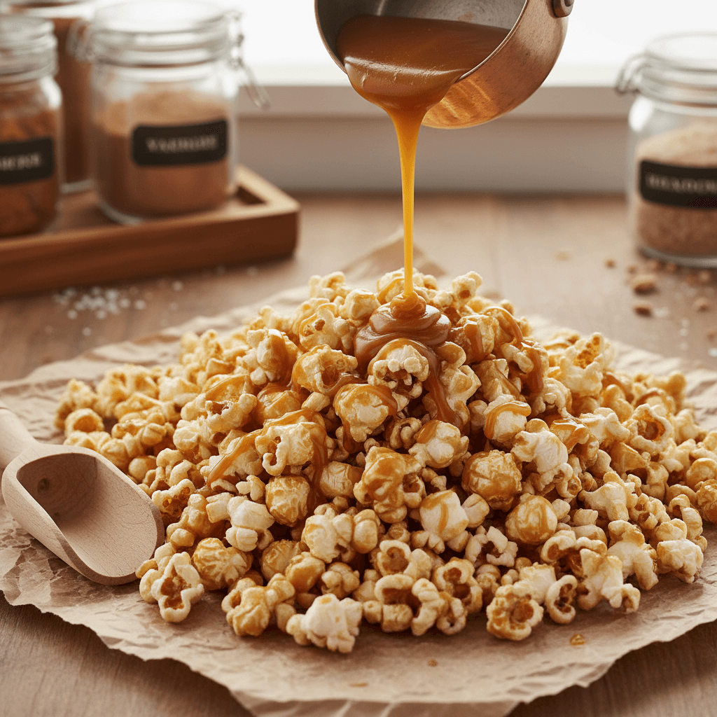 Hands pouring fresh kettle corn into a large metal bowl