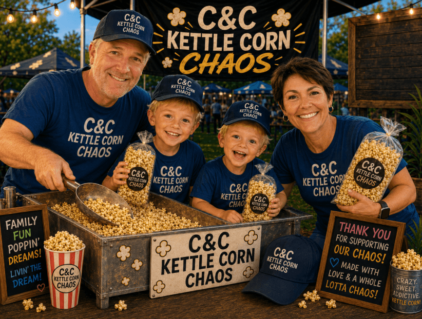 Smiling family in matching blue shirts and hats posing behind a kettle corn stall outdoors.