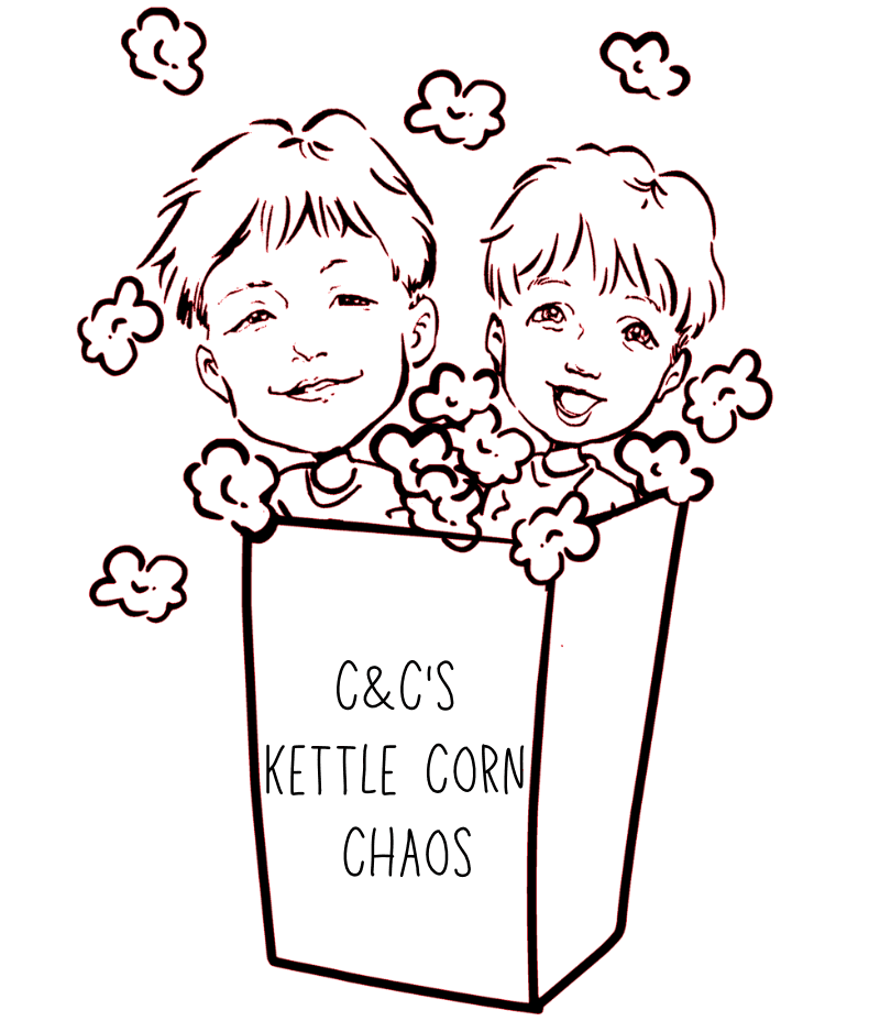 Two boys' faces inside a popcorn box labeled C&C's Kettle Corn Chaos.