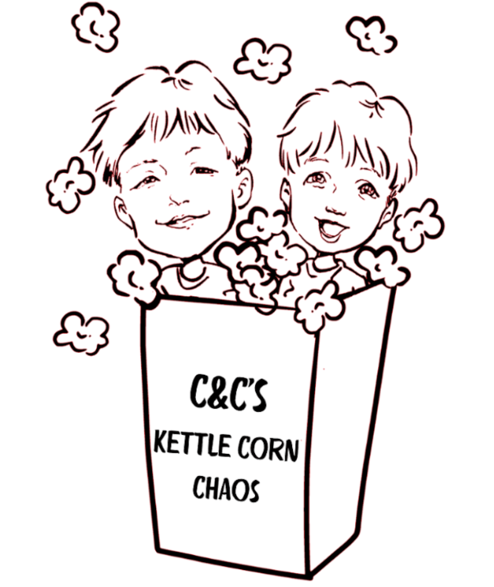 Caricature of two boys popping out of a popcorn box labeled C&C's Kettle Corn Chaos.